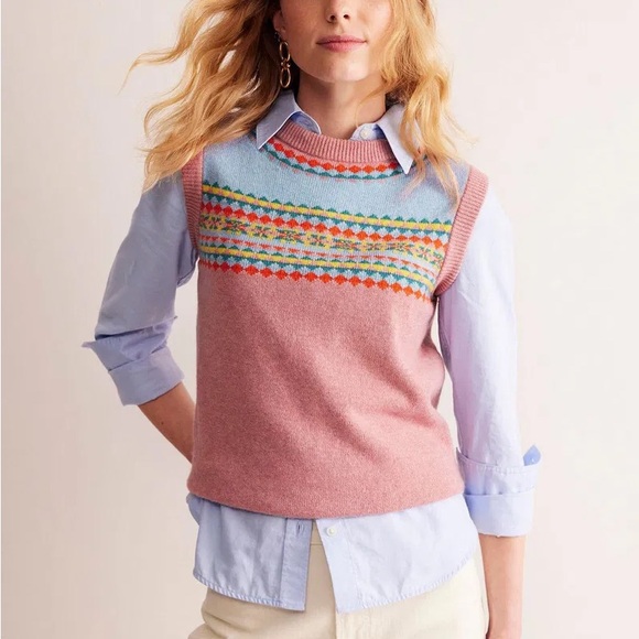 Boden Tops - Boden Pink Fair Isle Sweater Tank with Blue Yoke